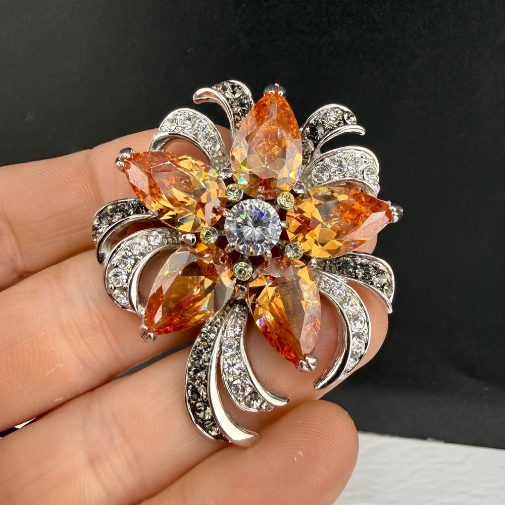 Vintage JBK Brooch Orange Rhinestone Flower Silver Tone Signed Statement Pin